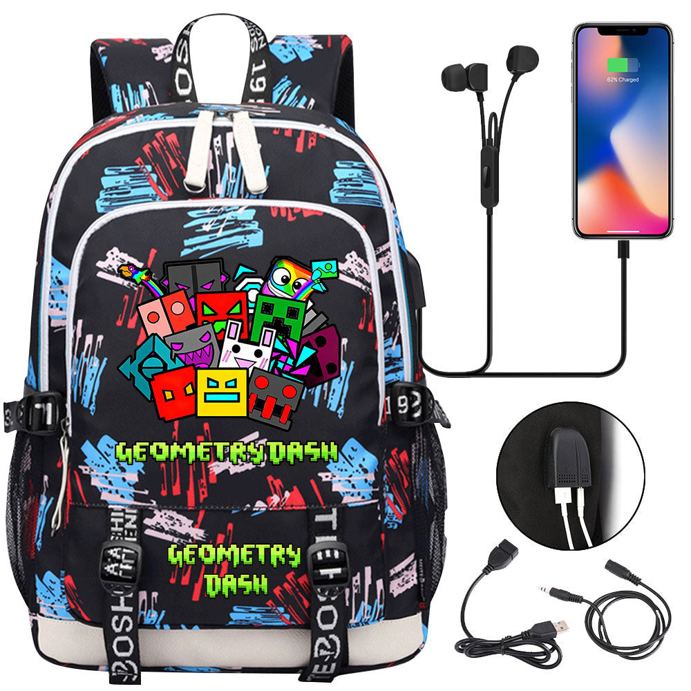 Geometry Dash USB Charging Backpack School Note Book Laptop Travel Bags