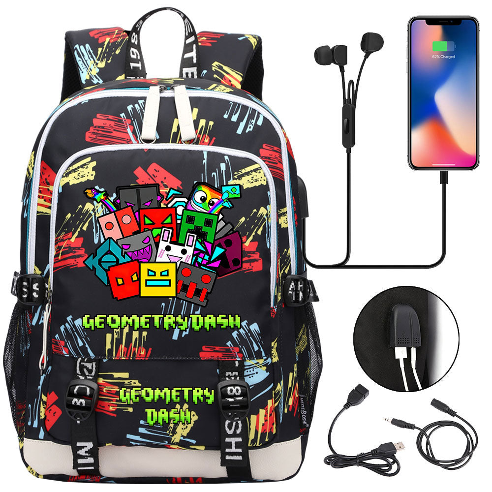 Geometry Dash USB Charging Backpack School Note Book Laptop Travel Bags