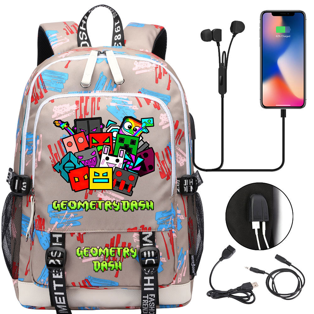 Geometry Dash USB Charging Backpack School Note Book Laptop Travel Bags