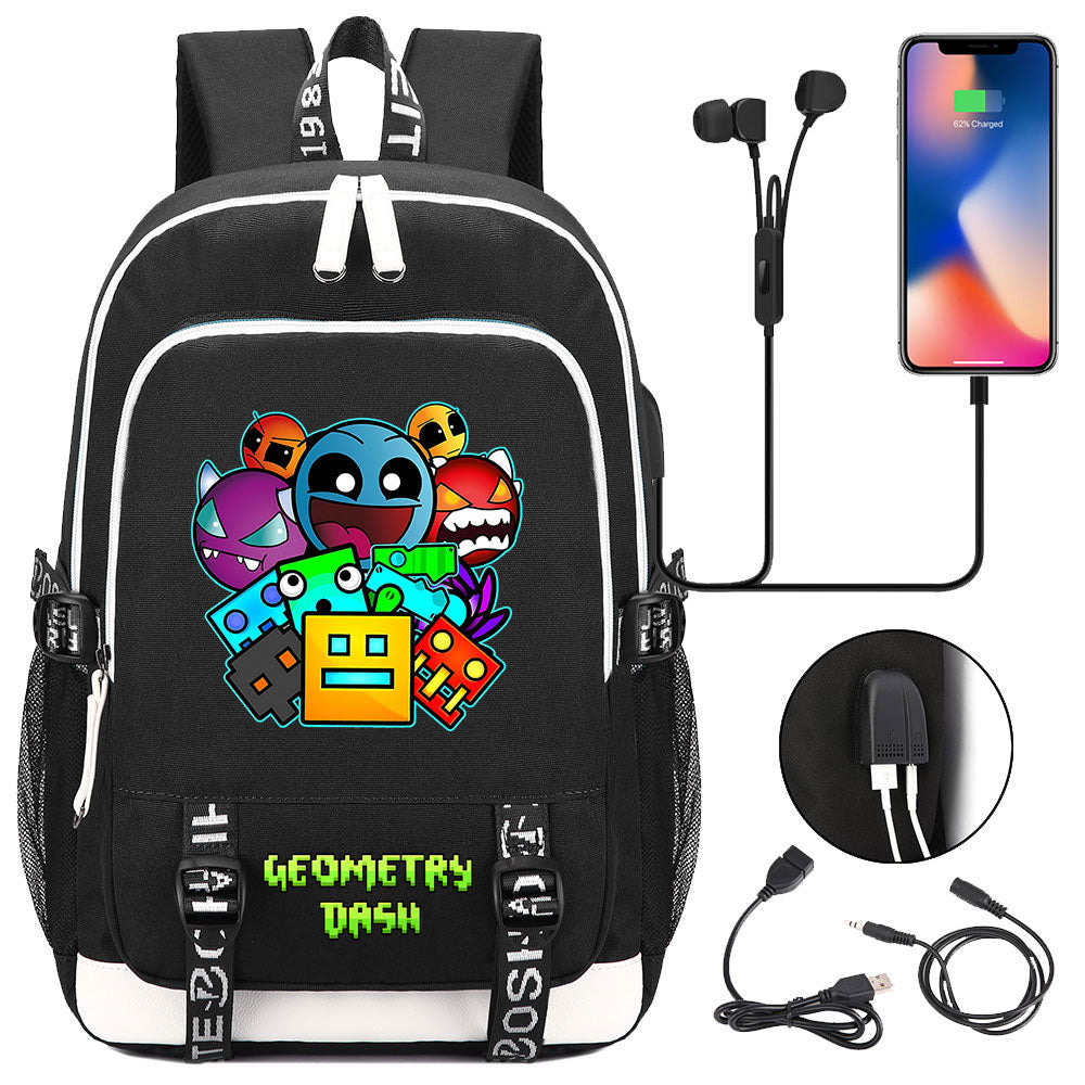 Geometry Dash USB Charging Backpack School Note Book Laptop Travel Bags