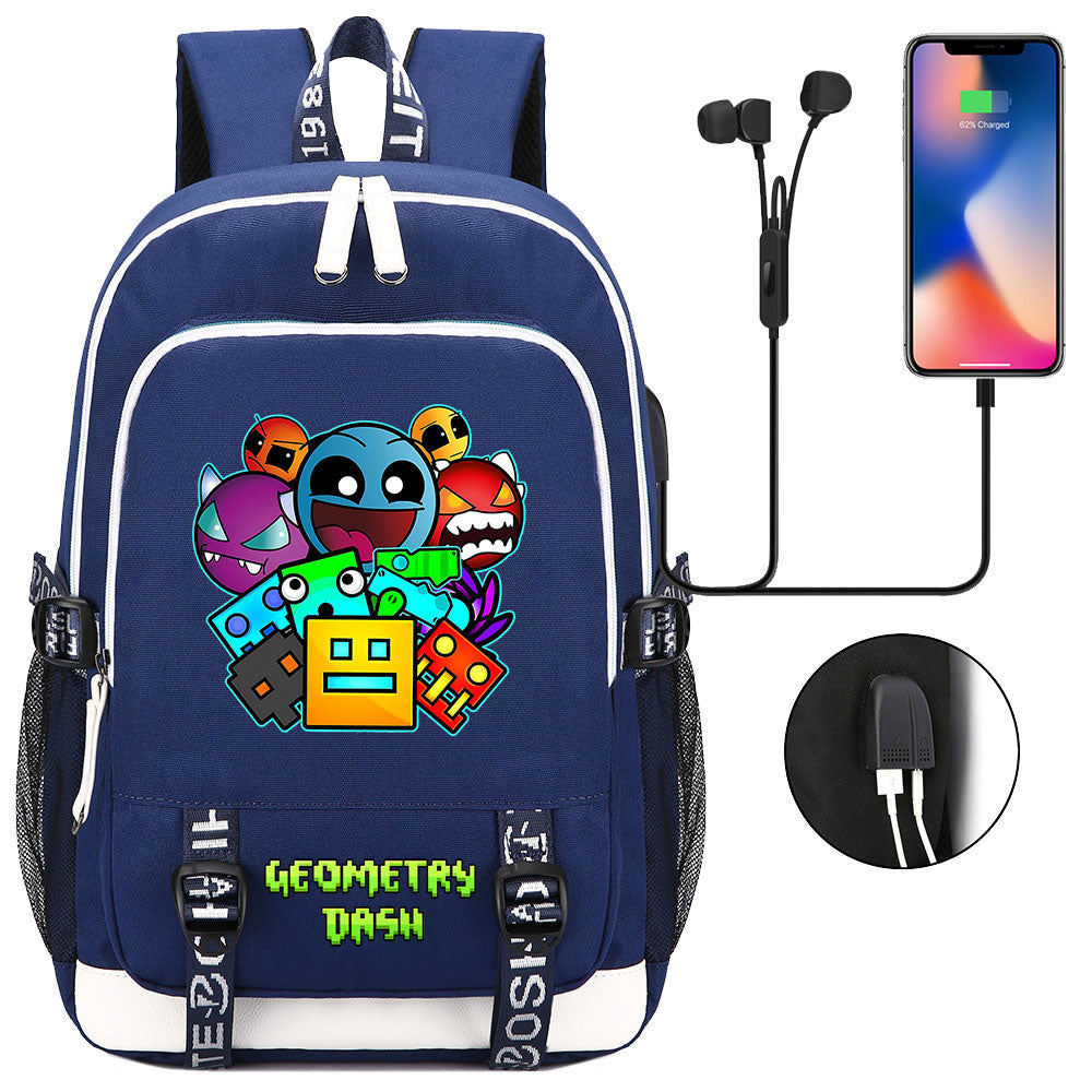 Geometry Dash USB Charging Backpack School Note Book Laptop Travel Bags