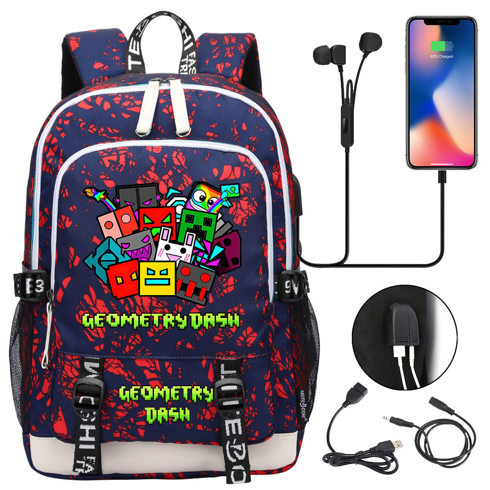 Geometry Dash USB Charging Backpack School Note Book Laptop Travel Bags