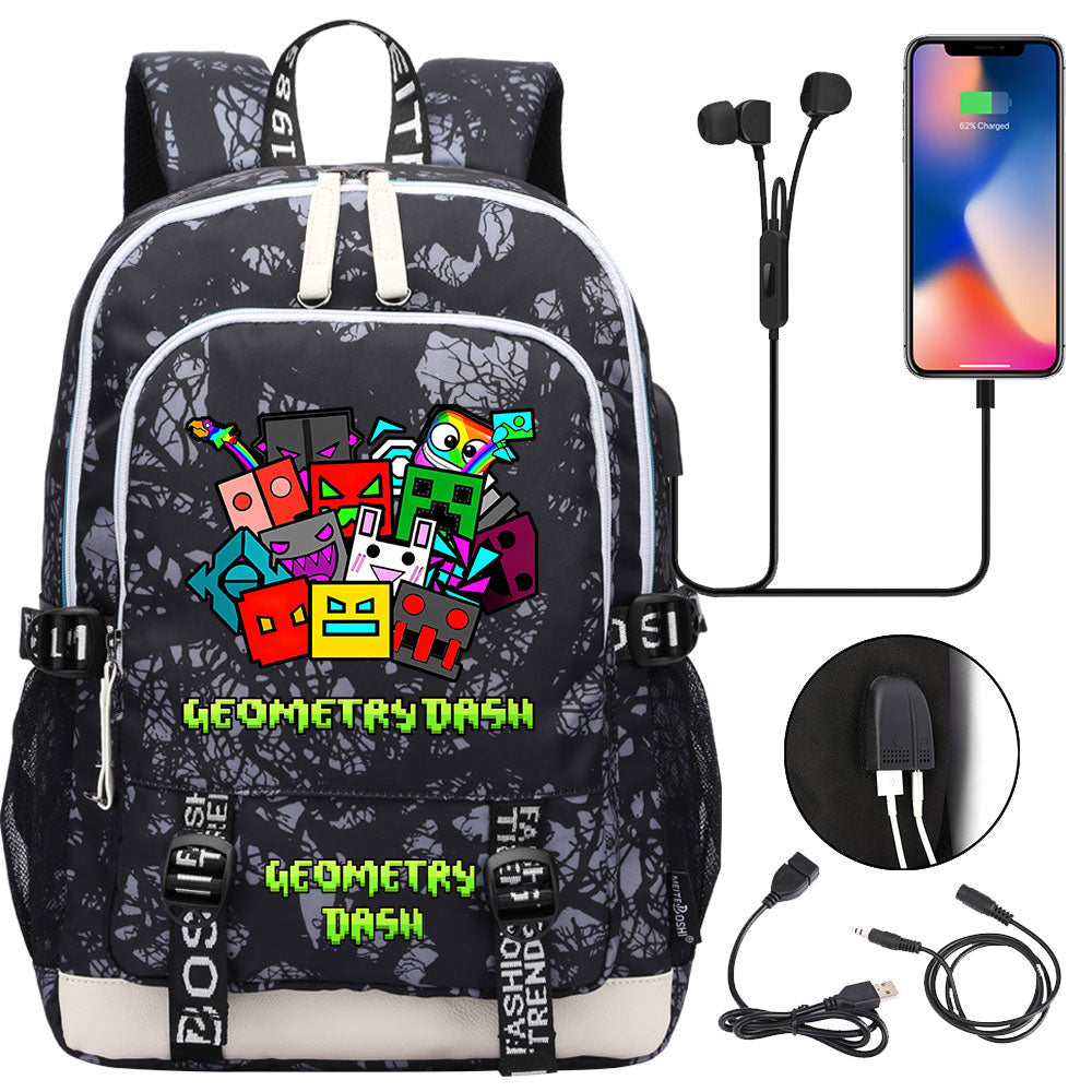 Geometry Dash USB Charging Backpack School Note Book Laptop Travel Bags