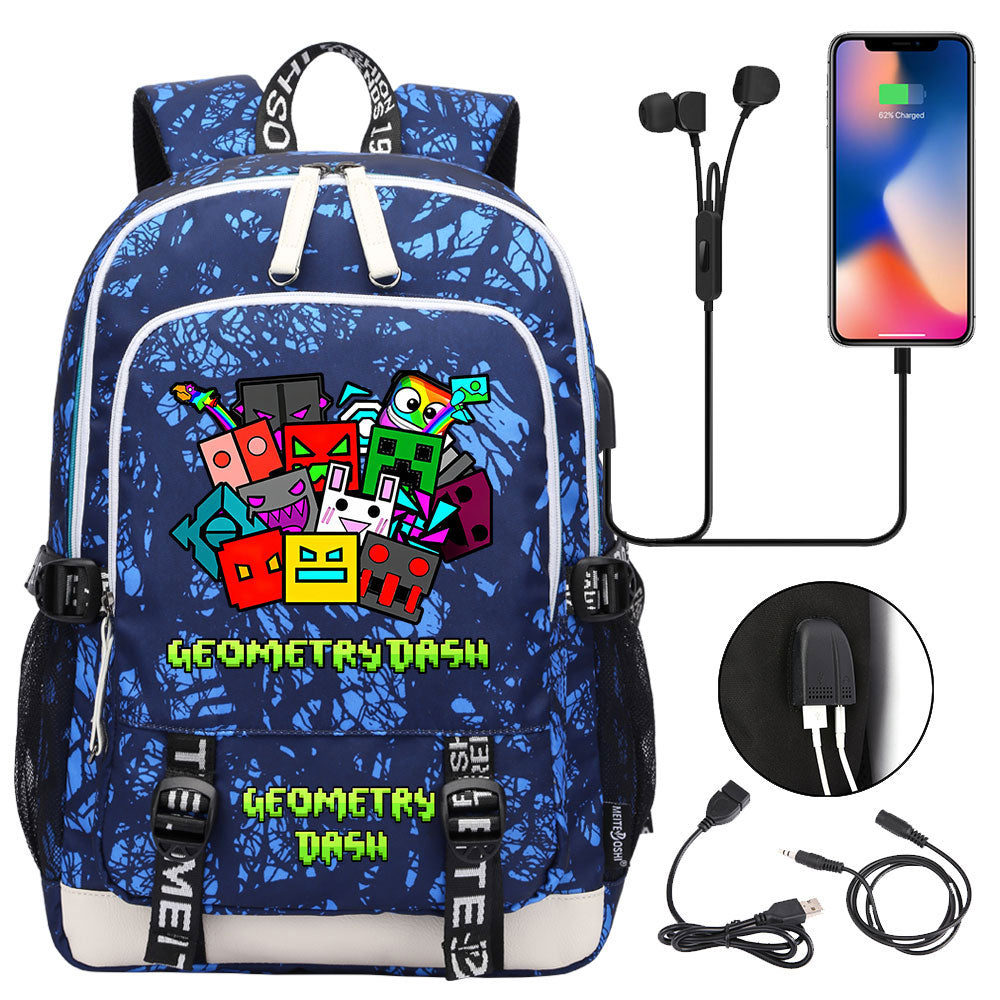 Geometry Dash USB Charging Backpack School Note Book Laptop Travel Bags