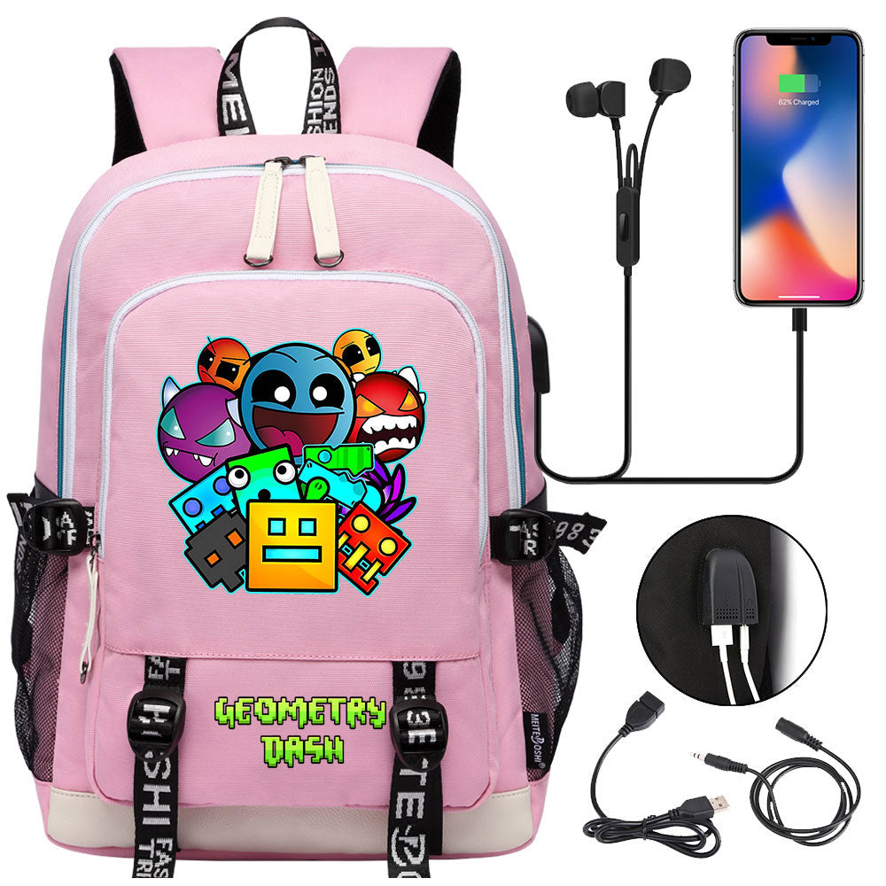 Geometry Dash USB Charging Backpack School Note Book Laptop Travel Bags