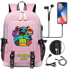 Geometry Dash USB Charging Backpack School Note Book Laptop Travel Bags