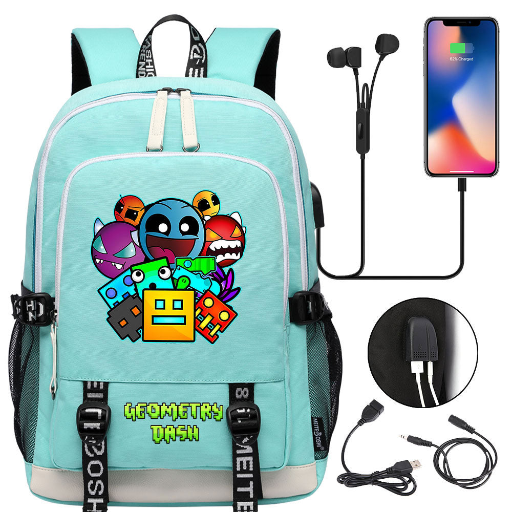 Geometry Dash USB Charging Backpack School Note Book Laptop Travel Bags