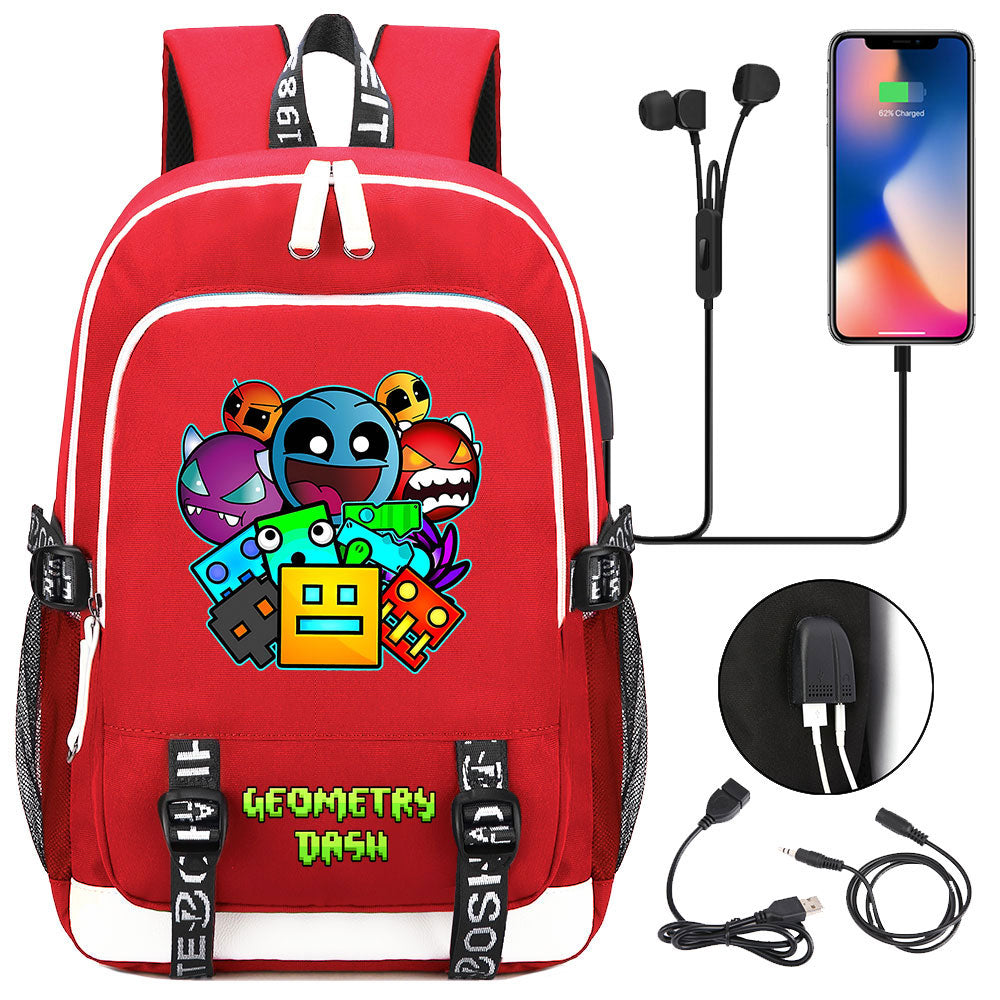 Geometry Dash USB Charging Backpack School Note Book Laptop Travel Bags