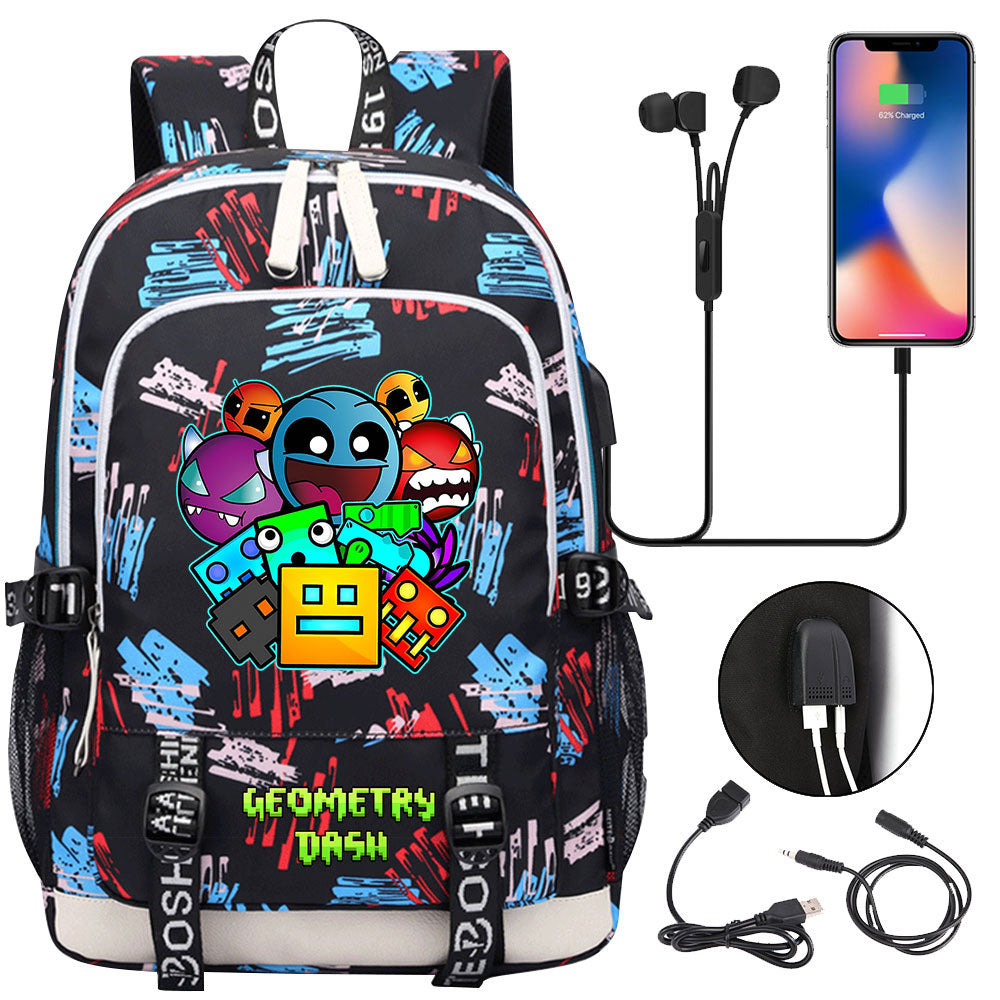 Geometry Dash USB Charging Backpack School Note Book Laptop Travel Bags