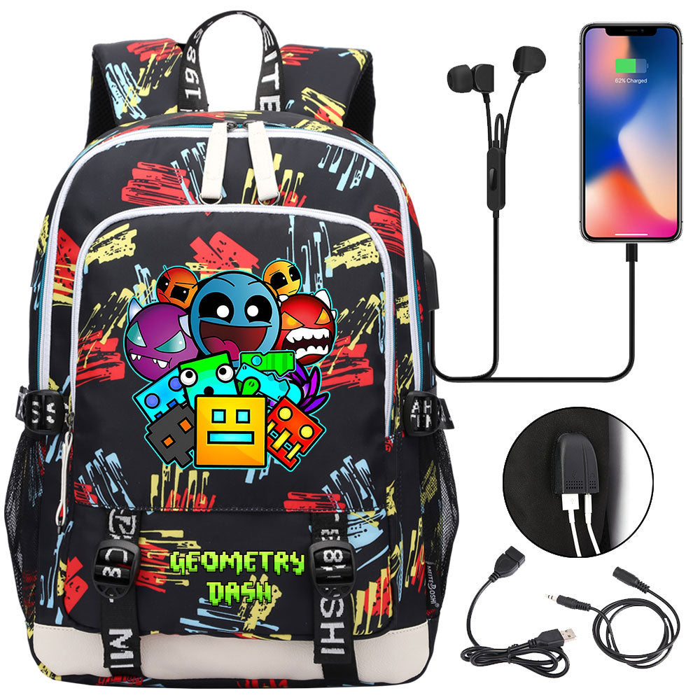 Geometry Dash USB Charging Backpack School Note Book Laptop Travel Bags