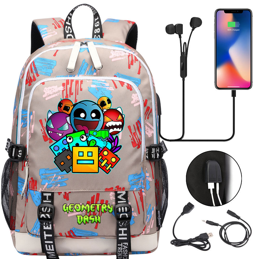 Geometry Dash USB Charging Backpack School Note Book Laptop Travel Bags