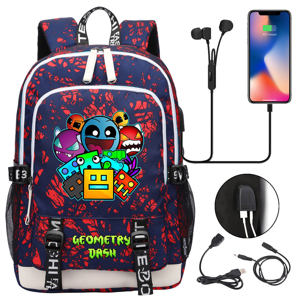 Geometry Dash USB Charging Backpack School Note Book Laptop Travel Bags
