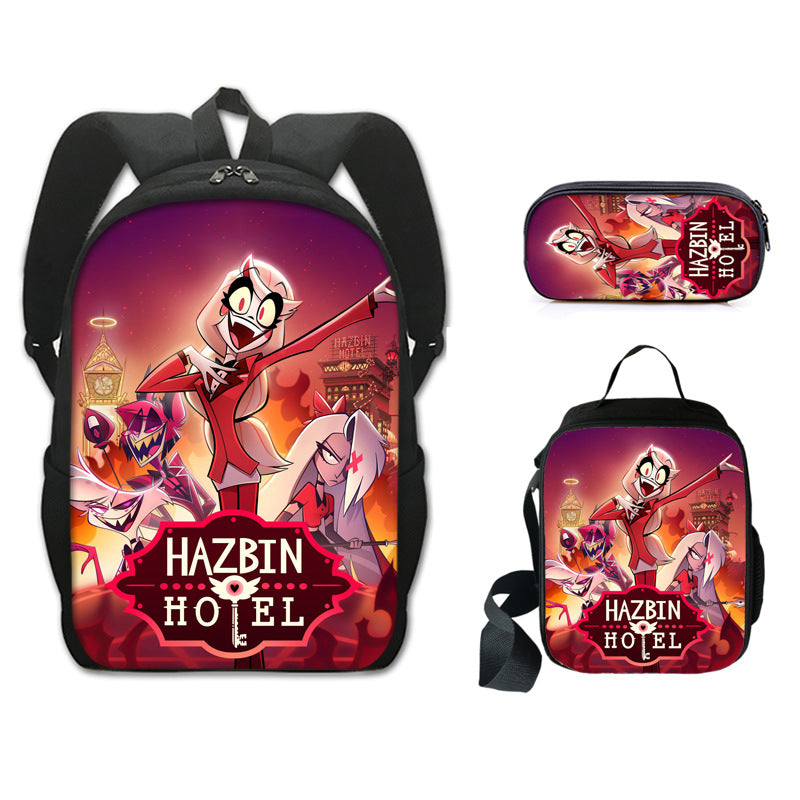 Hazbin Hotel Schoolbag Backpack Lunch Bag Pencil Case 3pcs Set Gift for Kids Students
