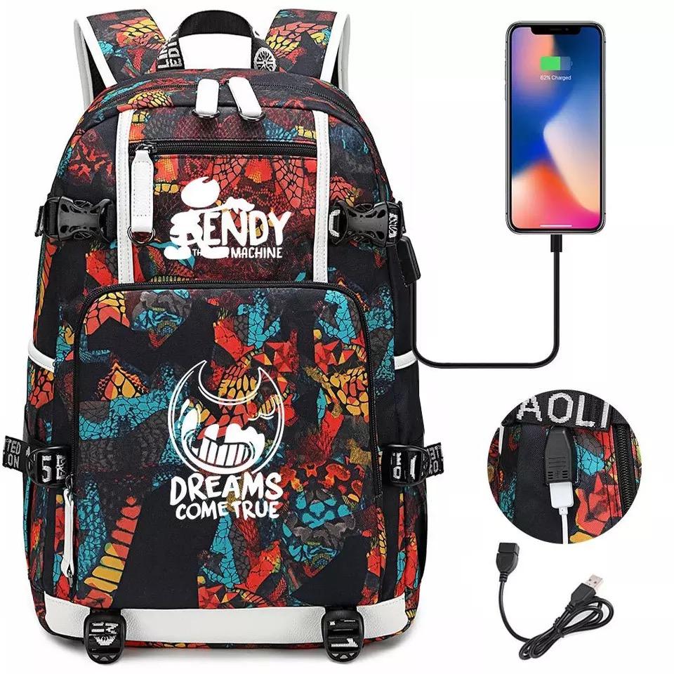 Bendy and Ink Machine USB Charging Backpack School NoteBook Laptop Travel Bags