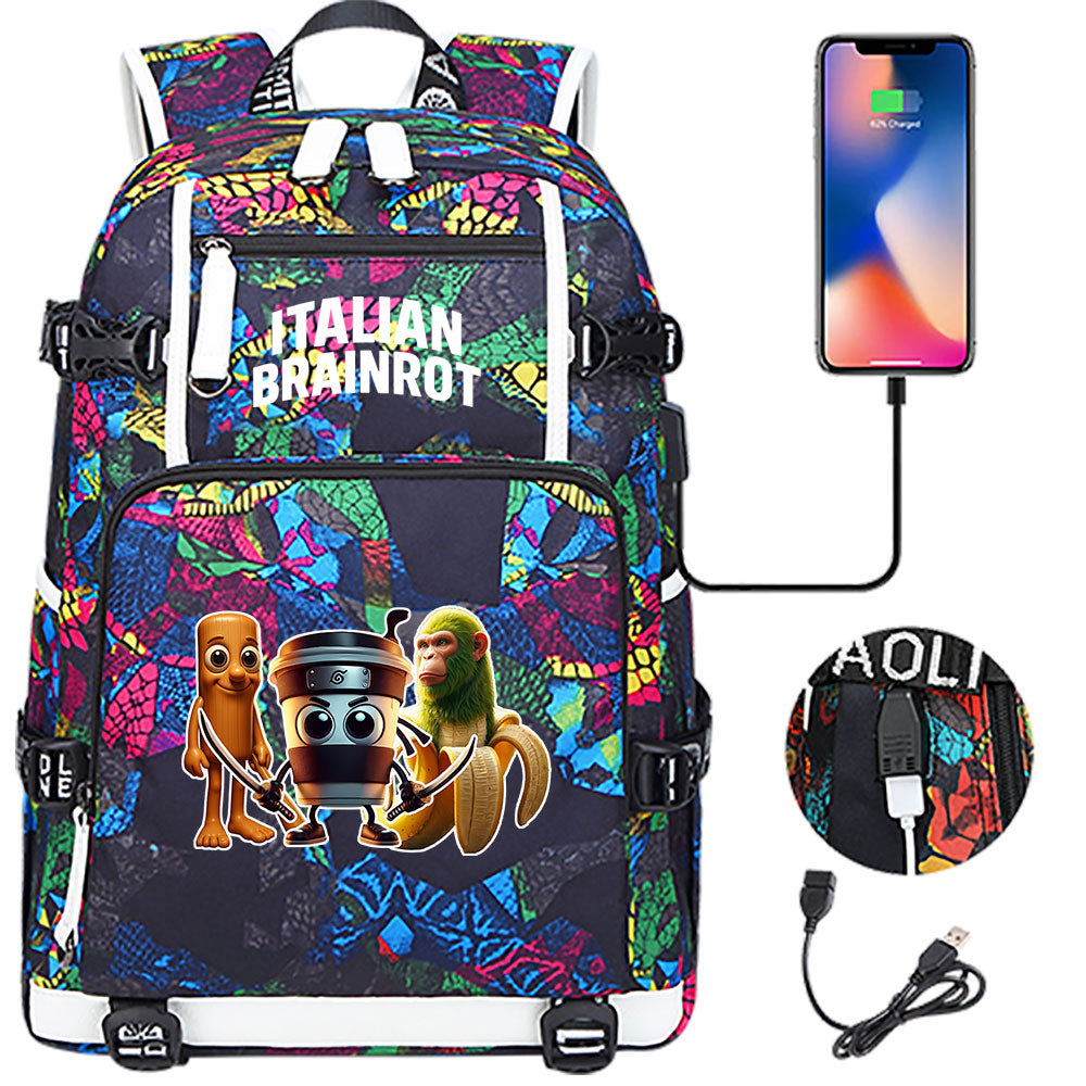Italian Brainrot USB Charging Backpack School NoteBook Laptop Travel Bags