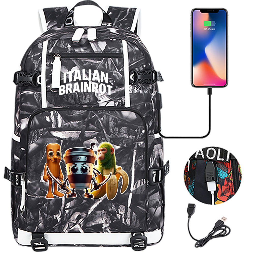 Italian Brainrot USB Charging Backpack School NoteBook Laptop Travel Bags