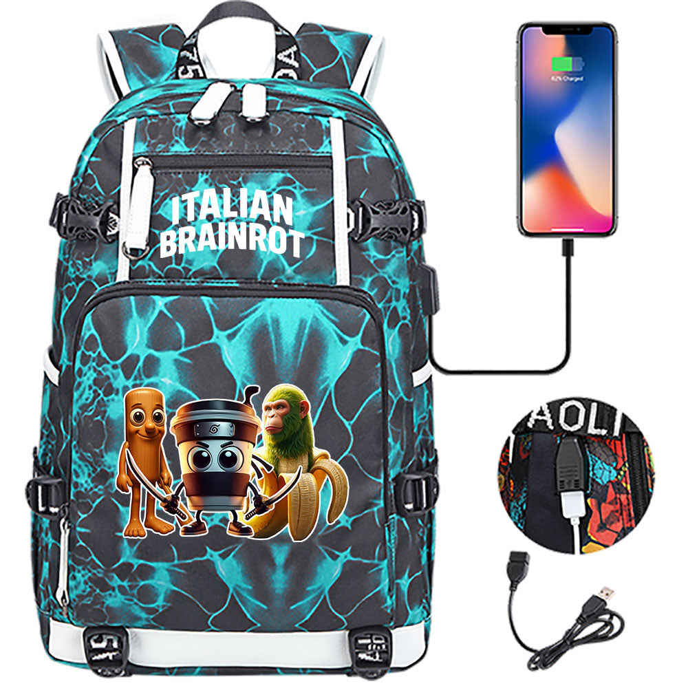 Italian Brainrot USB Charging Backpack School NoteBook Laptop Travel Bags