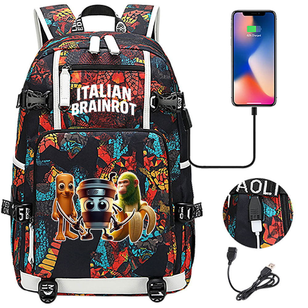 Italian Brainrot USB Charging Backpack School NoteBook Laptop Travel Bags