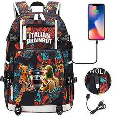 Italian Brainrot USB Charging Backpack School NoteBook Laptop Travel Bags