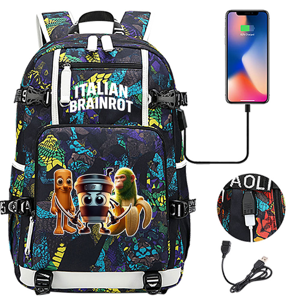 Italian Brainrot USB Charging Backpack School NoteBook Laptop Travel Bags