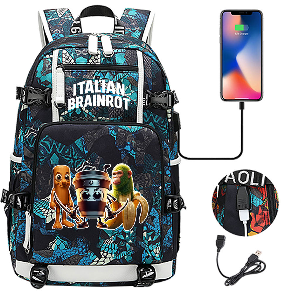 Italian Brainrot USB Charging Backpack School NoteBook Laptop Travel Bags