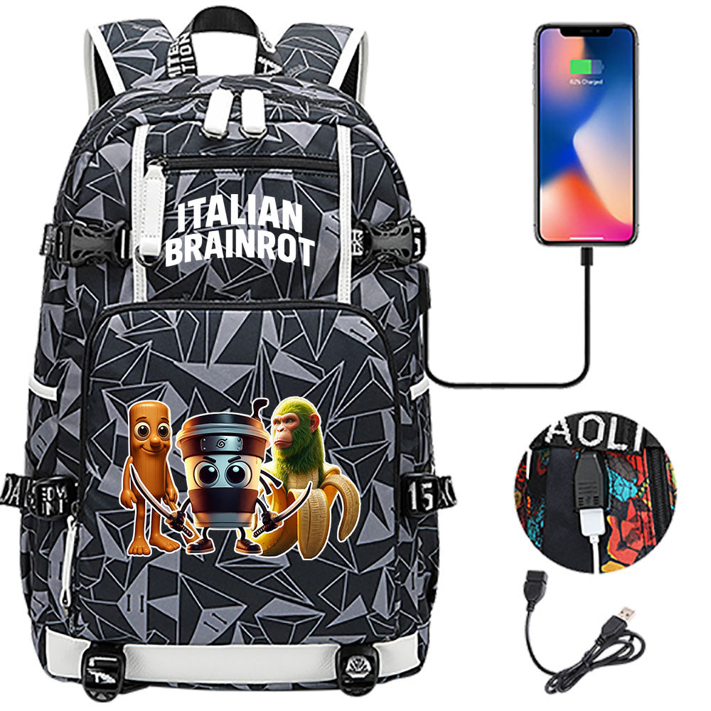 Italian Brainrot USB Charging Backpack School NoteBook Laptop Travel Bags