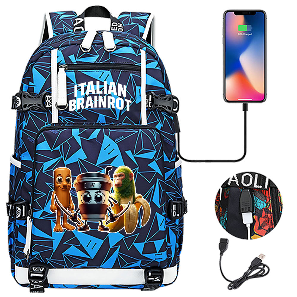 Italian Brainrot USB Charging Backpack School NoteBook Laptop Travel Bags