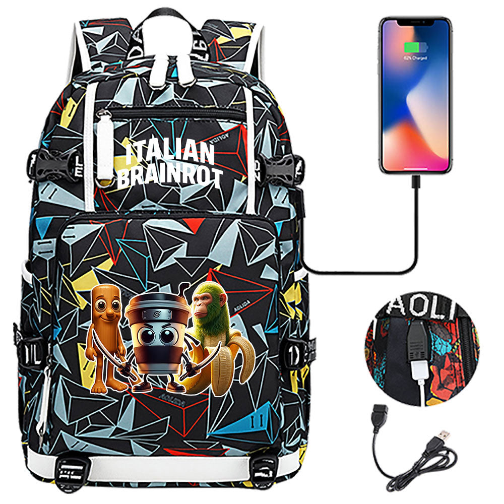 Italian Brainrot USB Charging Backpack School NoteBook Laptop Travel Bags