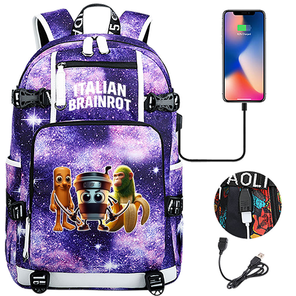 Italian Brainrot USB Charging Backpack School NoteBook Laptop Travel Bags