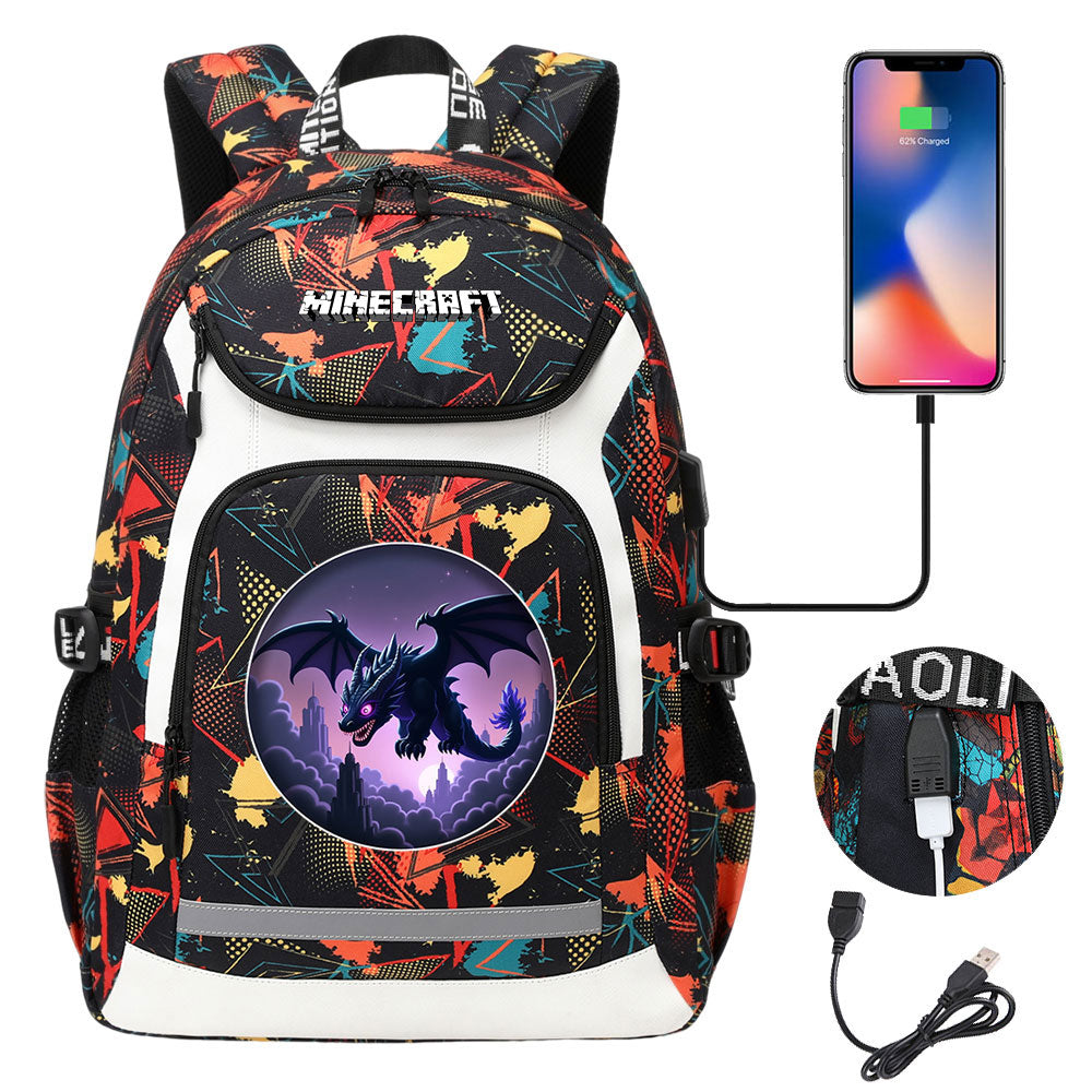Minecraft Ender Dragon USB Charging Backpack School NoteBook Laptop Travel Bags