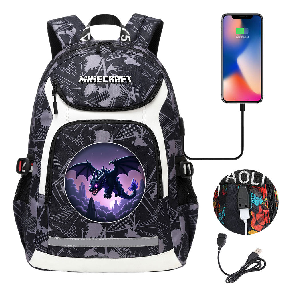 Minecraft Ender Dragon USB Charging Backpack School NoteBook Laptop Travel Bags