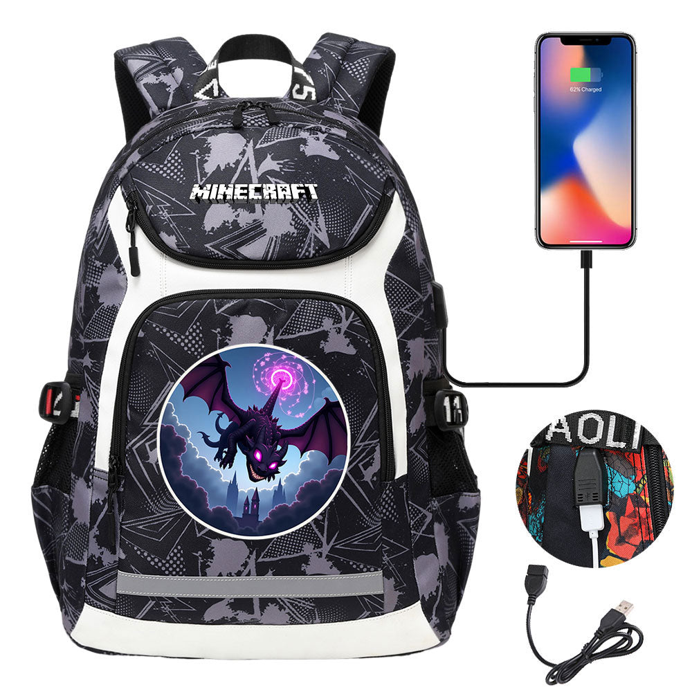 Minecraft Ender Dragon USB Charging Backpack School NoteBook Laptop Travel Bags