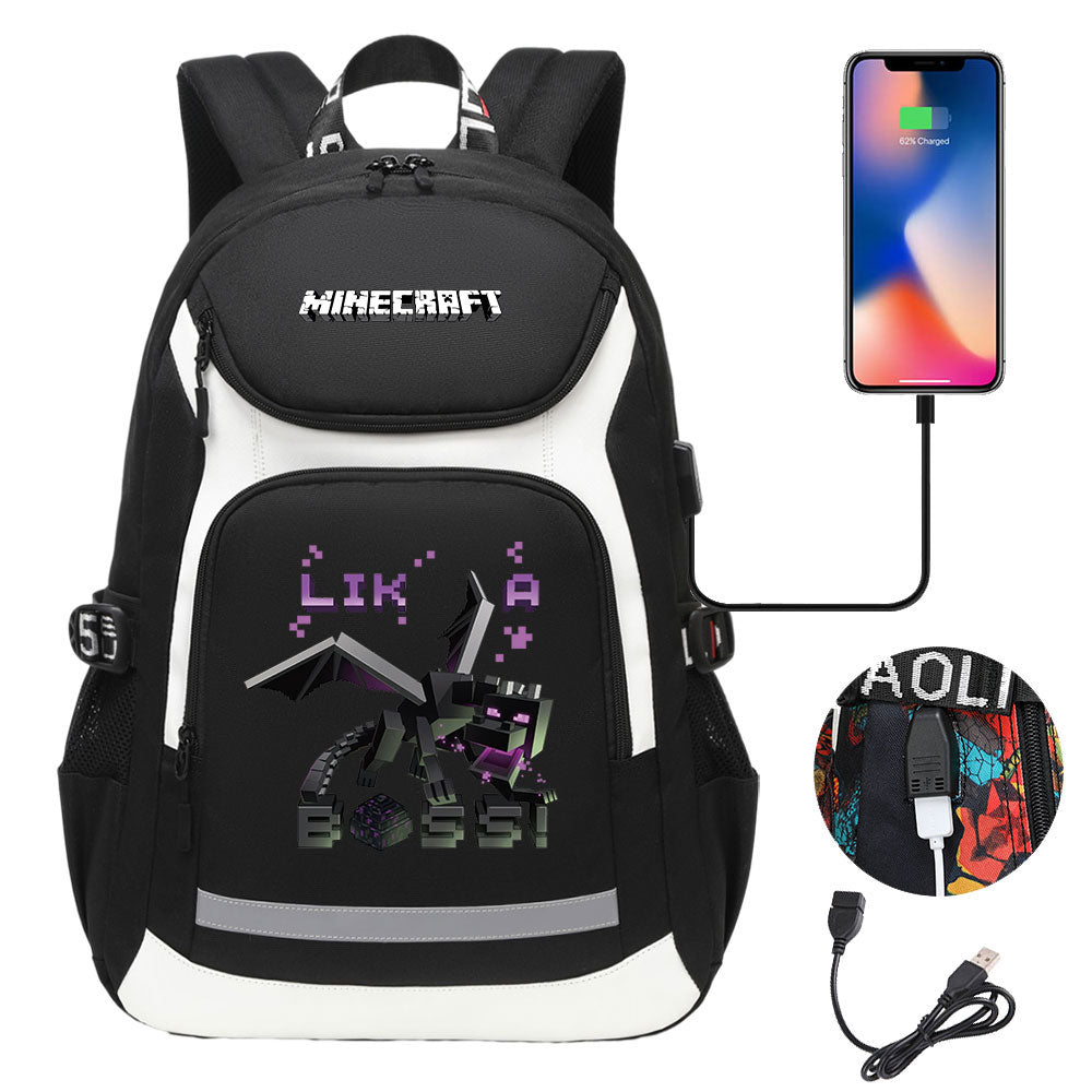 Minecraft Ender Dragon USB Charging Backpack School NoteBook Laptop Travel Bags