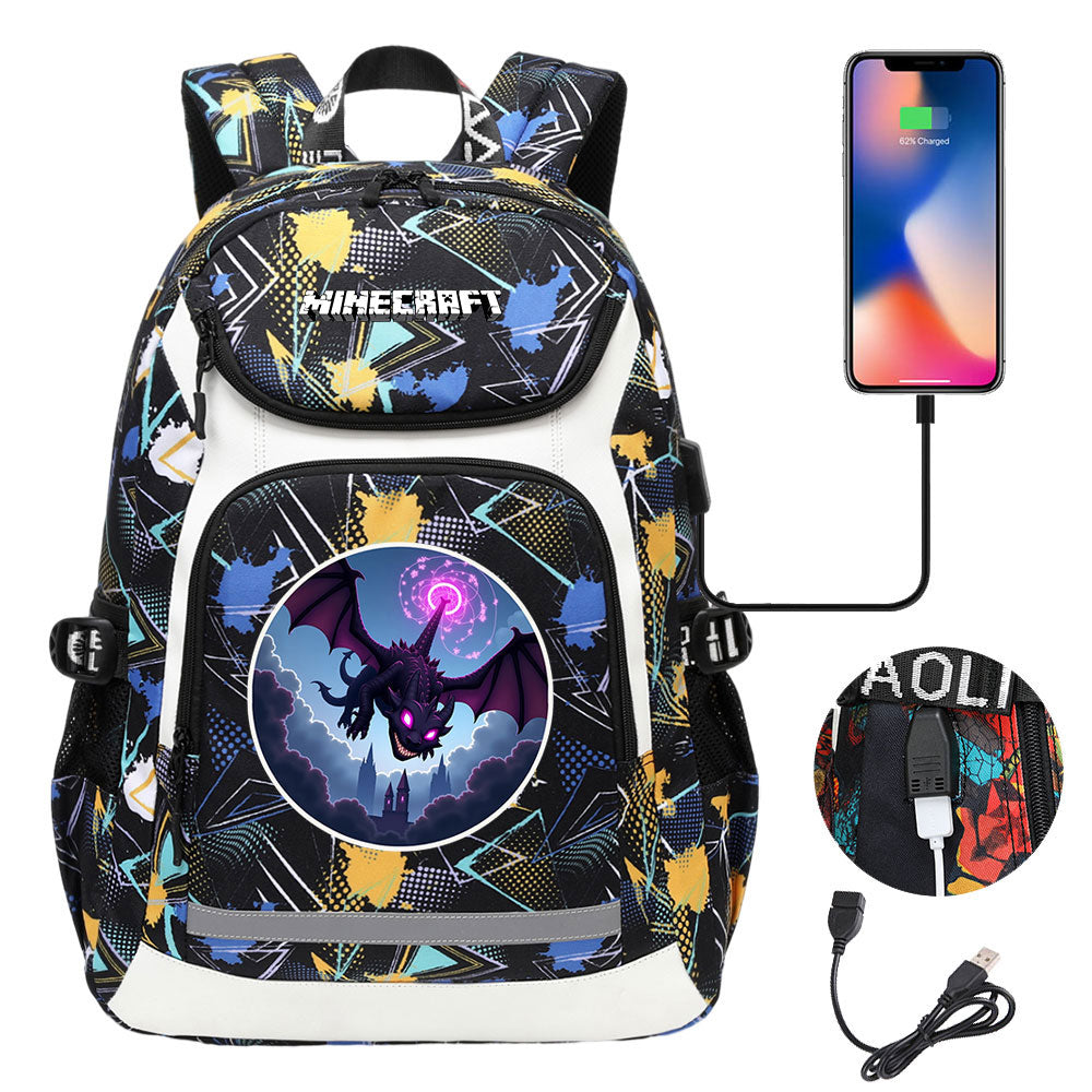 Minecraft Ender Dragon USB Charging Backpack School NoteBook Laptop Travel Bags