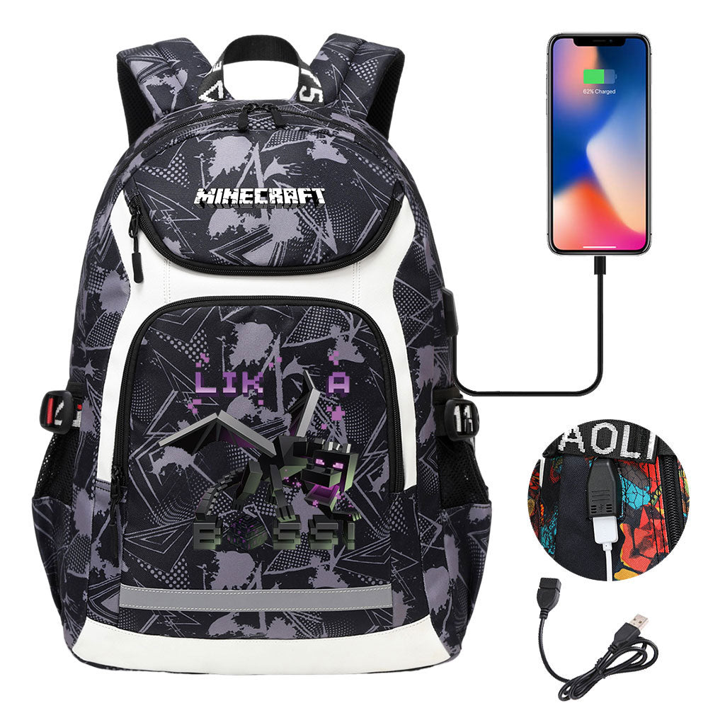 Minecraft Ender Dragon USB Charging Backpack School NoteBook Laptop Travel Bags
