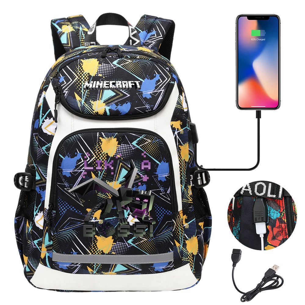 Minecraft Ender Dragon USB Charging Backpack School NoteBook Laptop Travel Bags