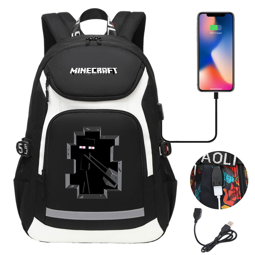 Minecraft Enderman USB Charging Backpack School NoteBook Laptop Travel Bags