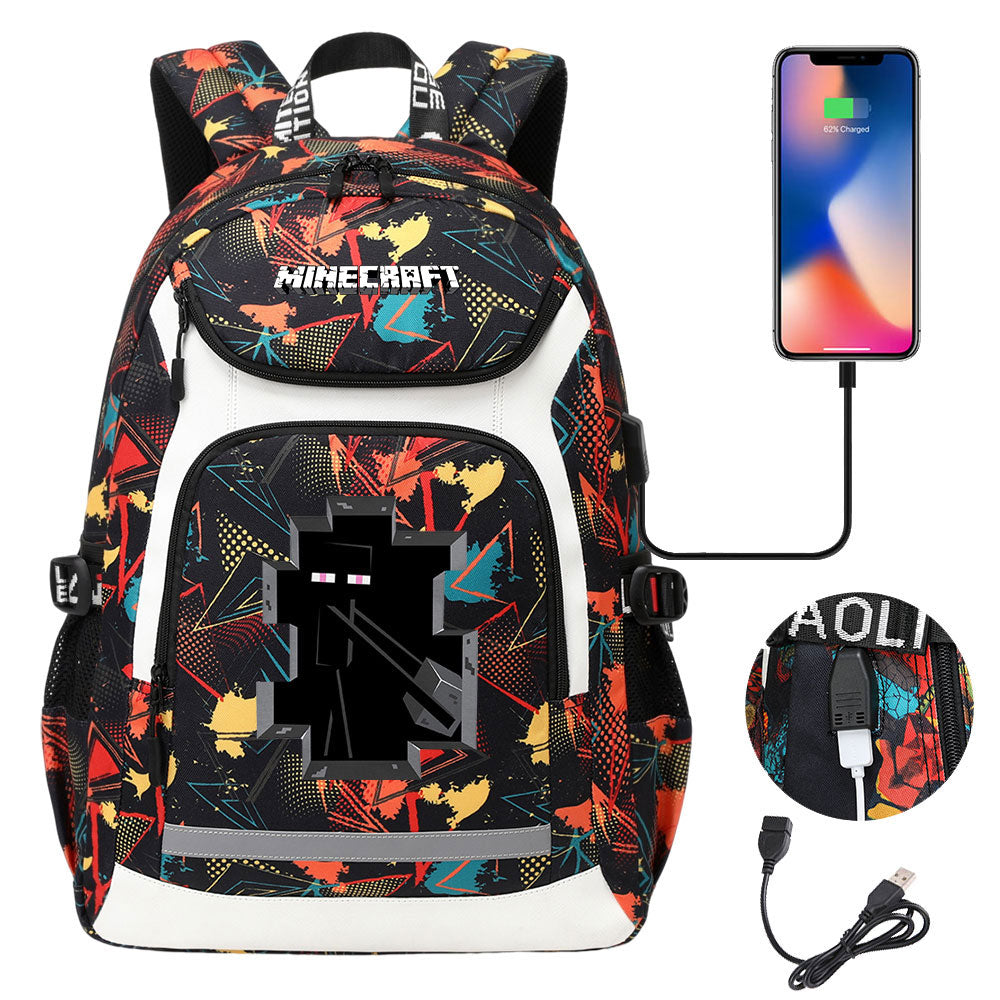 Minecraft Enderman USB Charging Backpack School NoteBook Laptop Travel Bags
