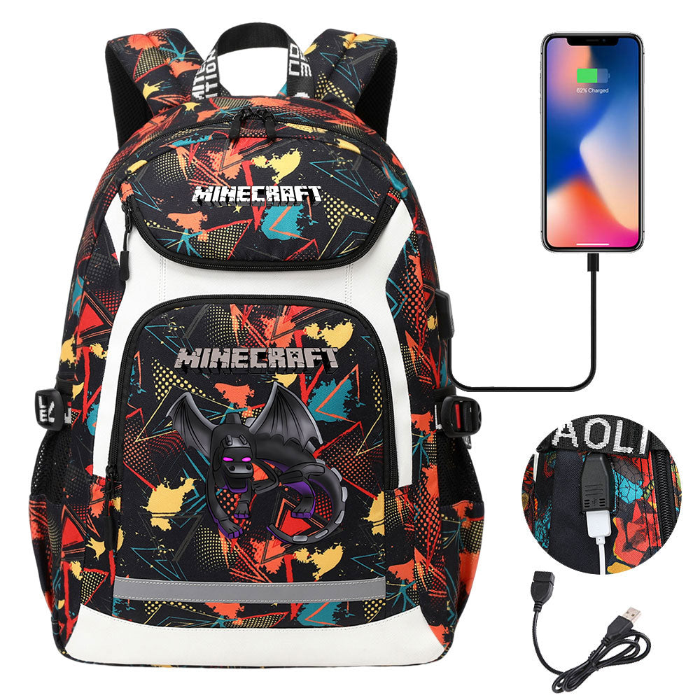 Minecraft Ender Dragon USB Charging Backpack School NoteBook Laptop Travel Bags