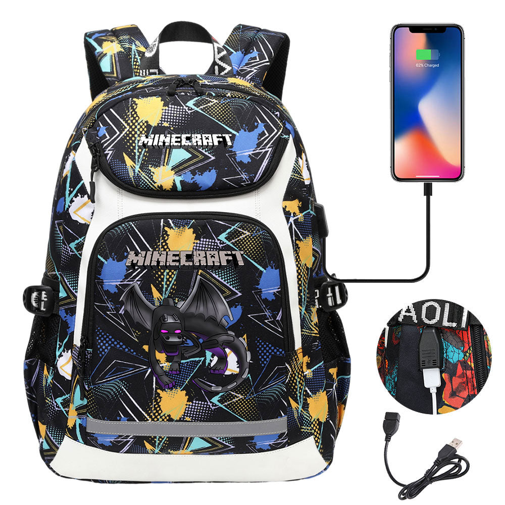 Minecraft Ender Dragon USB Charging Backpack School NoteBook Laptop Travel Bags