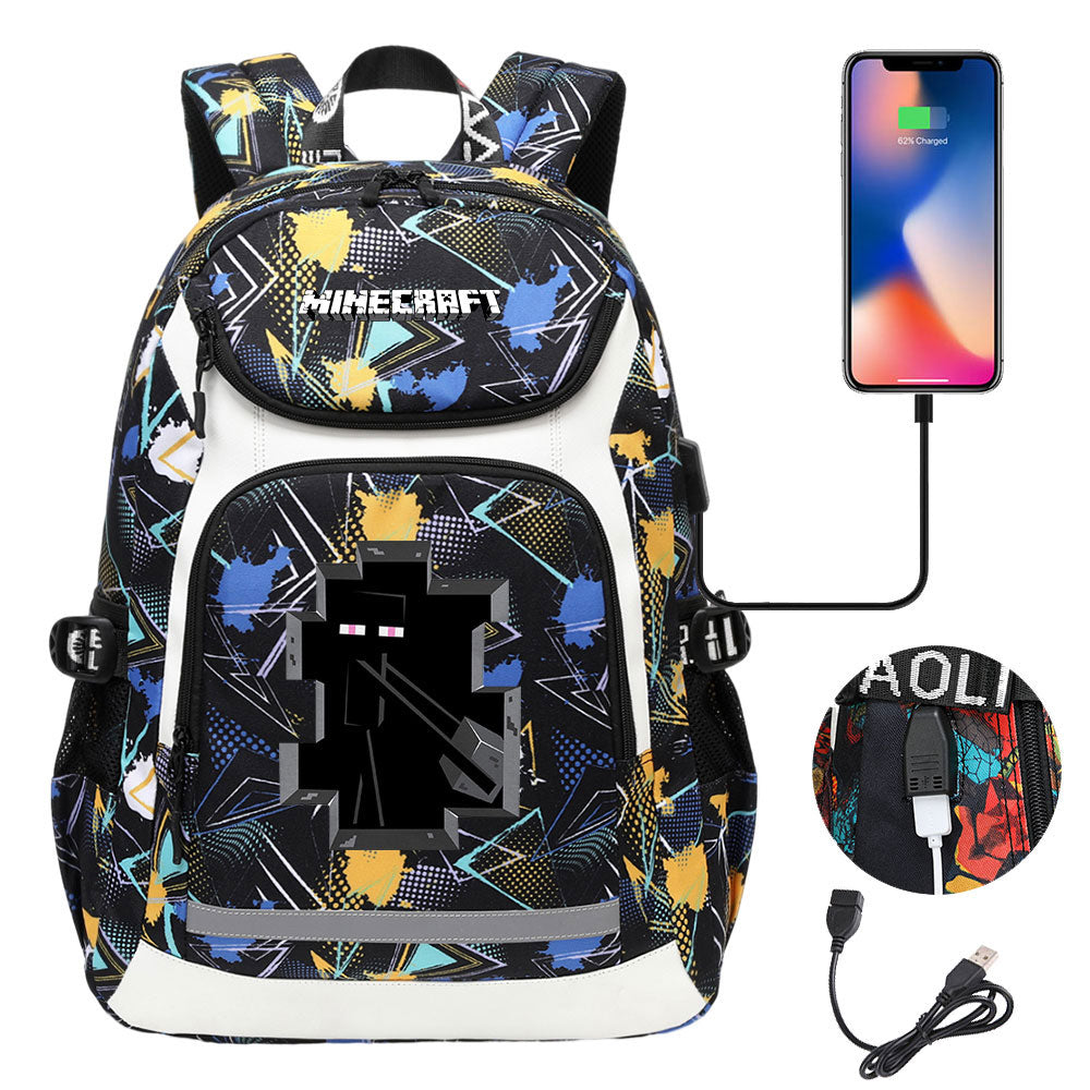 Minecraft Enderman USB Charging Backpack School NoteBook Laptop Travel Bags
