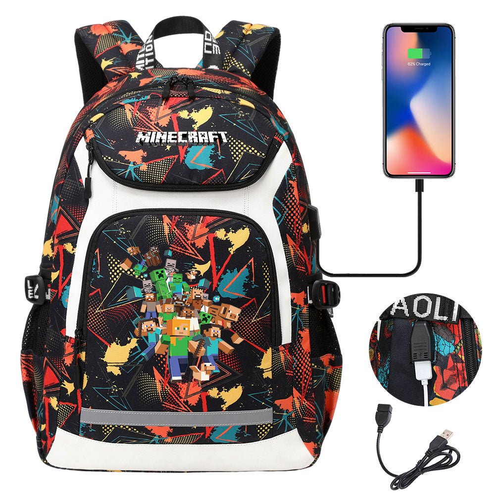 Minecraft USB Charging Backpack School NoteBook Laptop Travel Bags