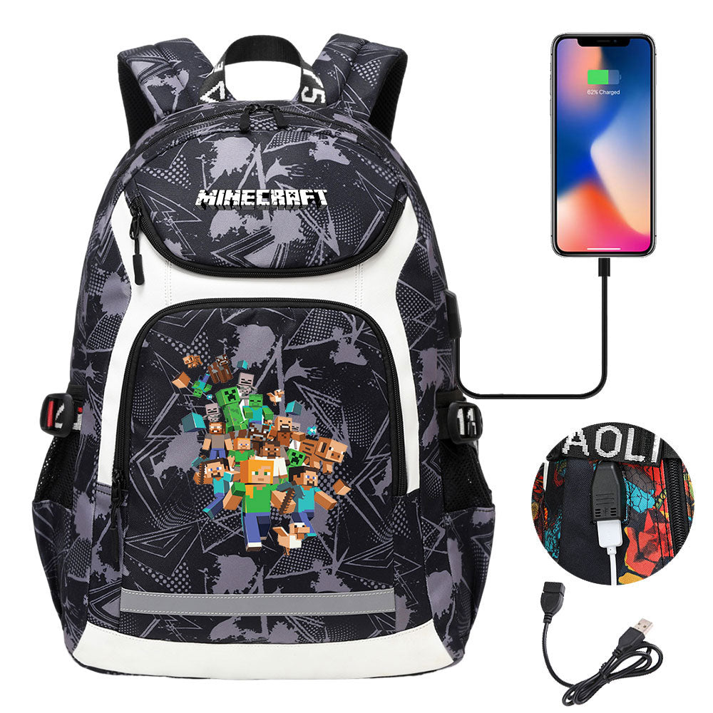 Minecraft USB Charging Backpack School NoteBook Laptop Travel Bags