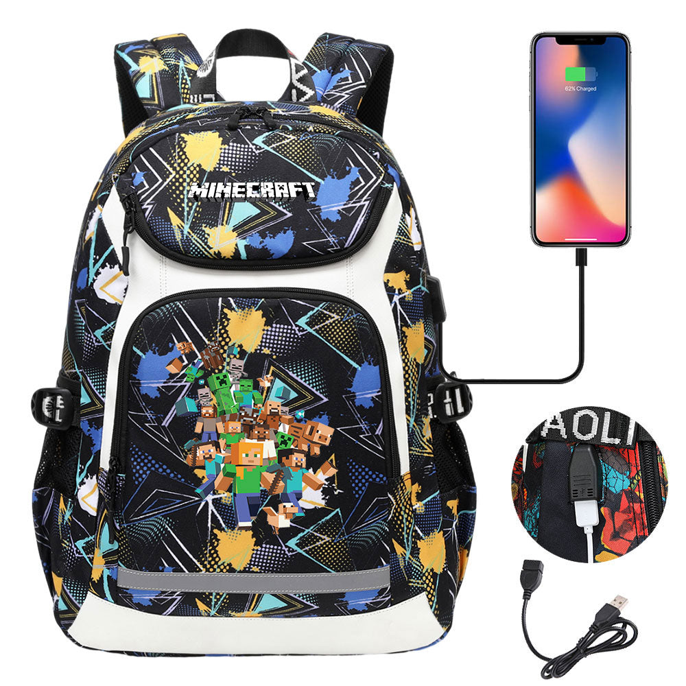 Minecraft USB Charging Backpack School NoteBook Laptop Travel Bags