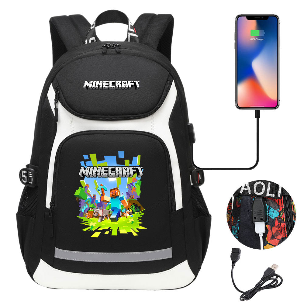 Minecraft USB Charging Backpack School NoteBook Laptop Travel Bags