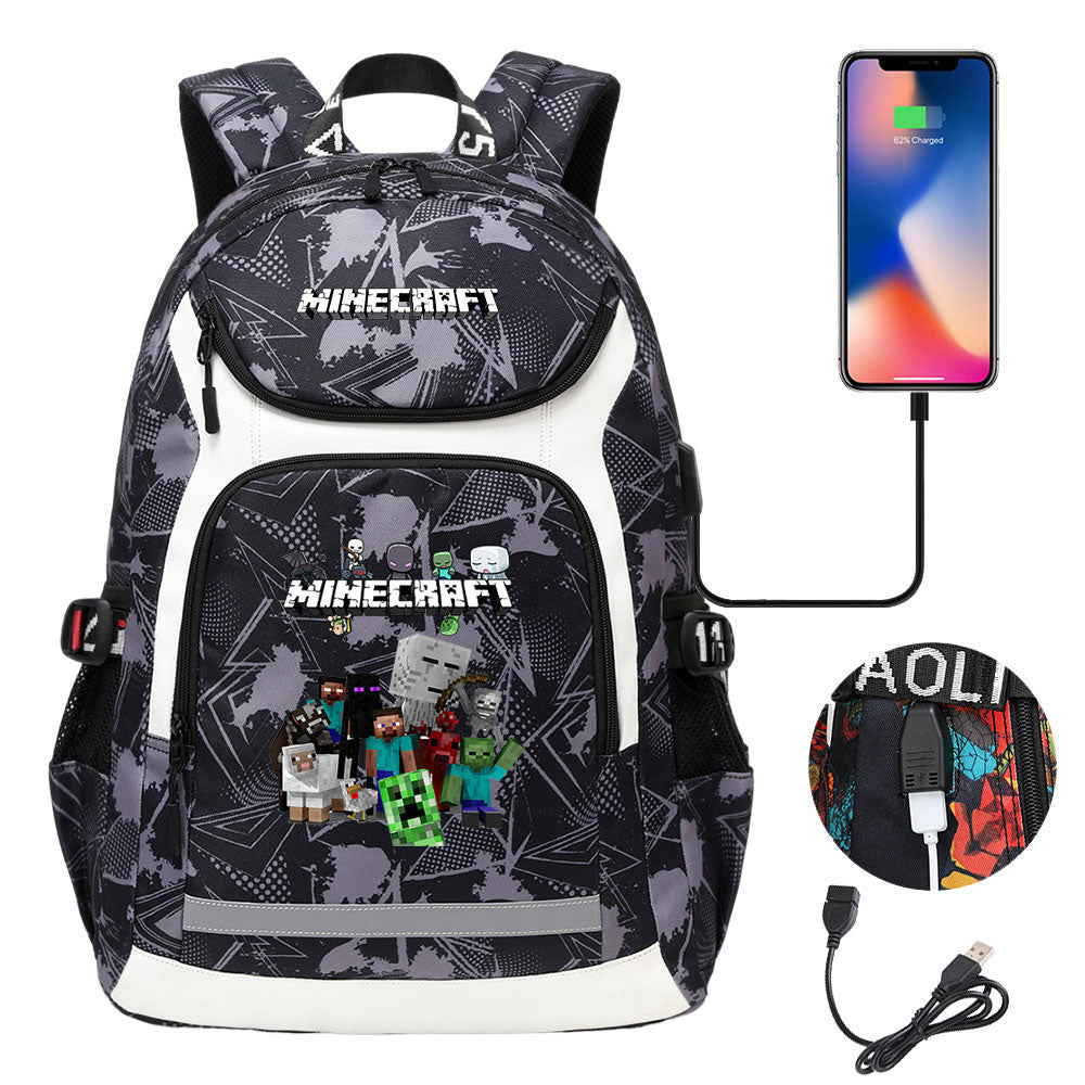 Minecraft USB Charging Backpack School NoteBook Laptop Travel Bags