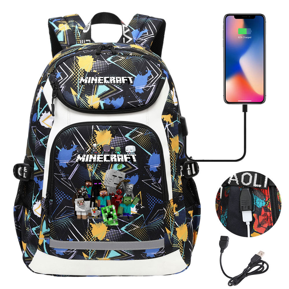 Minecraft USB Charging Backpack School NoteBook Laptop Travel Bags