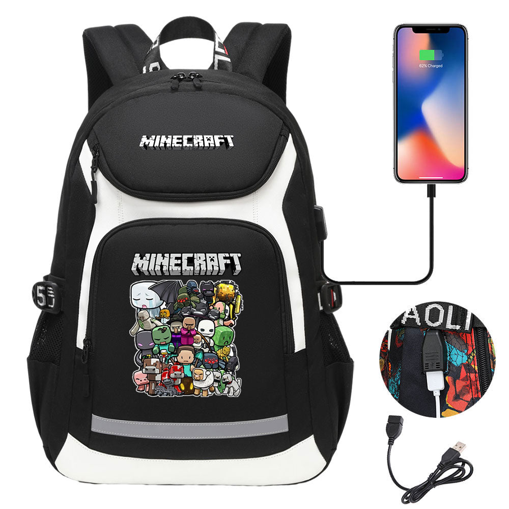 Minecraft USB Charging Backpack School NoteBook Laptop Travel Bags