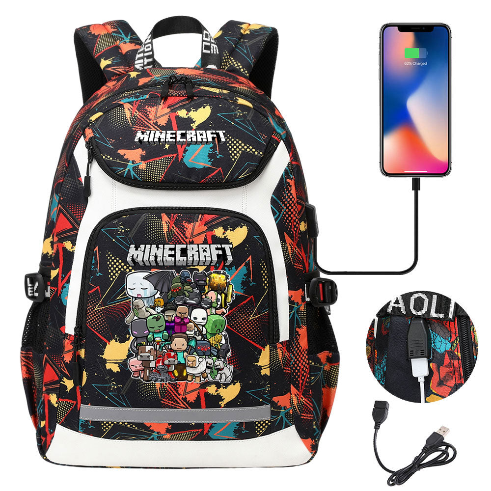 Minecraft USB Charging Backpack School NoteBook Laptop Travel Bags
