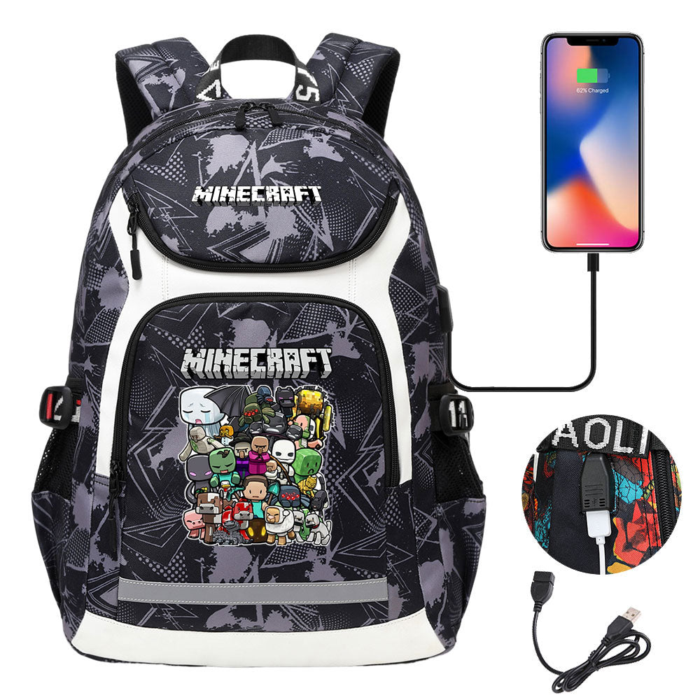 Minecraft USB Charging Backpack School NoteBook Laptop Travel Bags